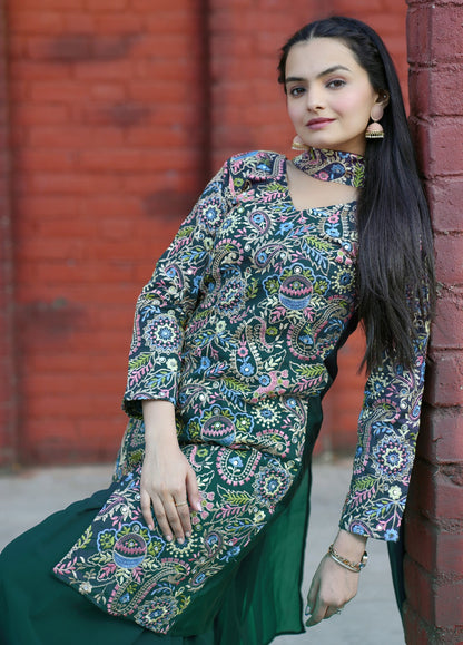 Green Designer Embroidered  Sharara