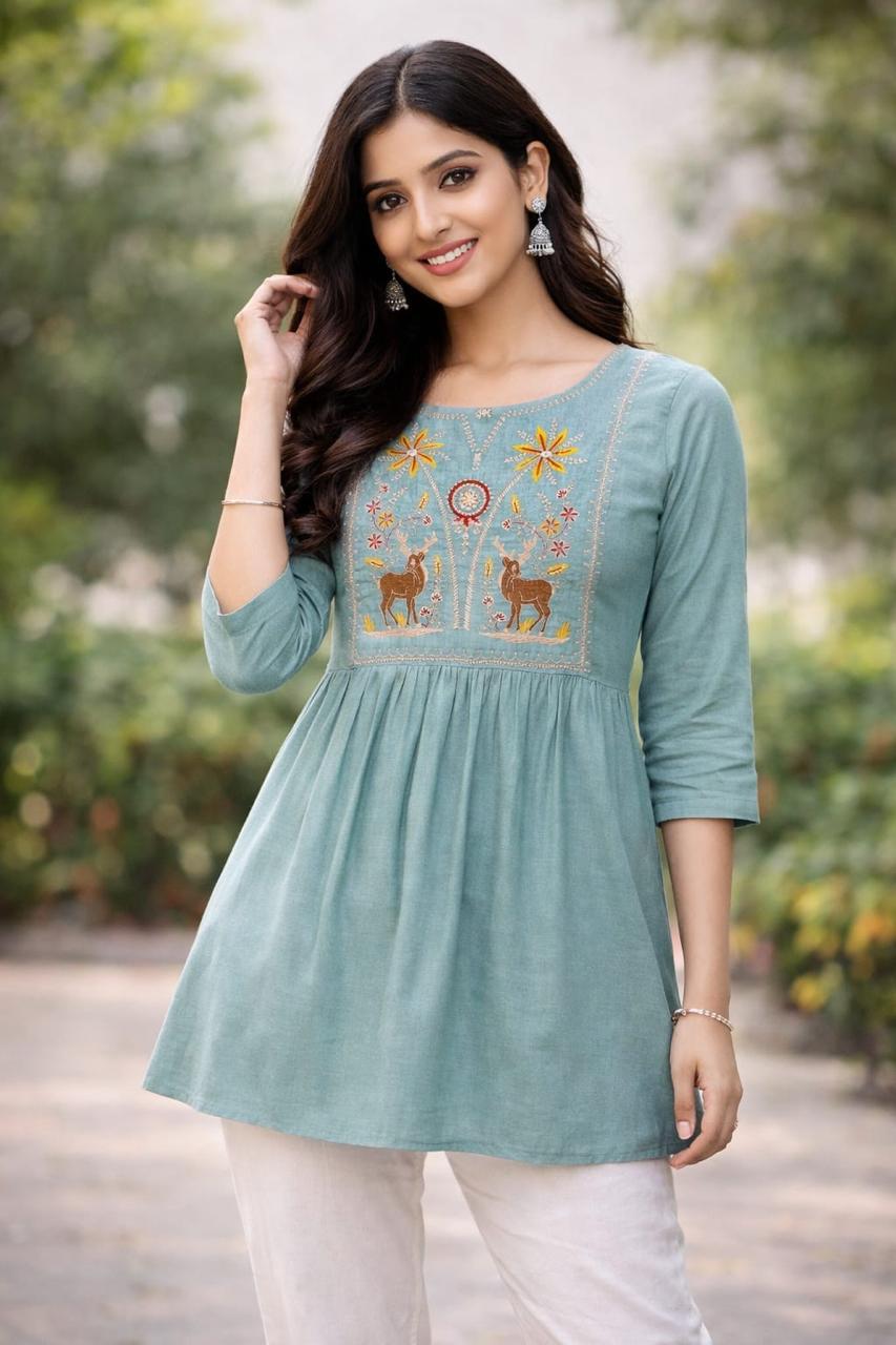 Everyday Wear Rayon Short Kurti with heavy rayon fabric and embroidery in multiple sizes