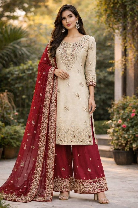 White And Red Combination Pakistani Suit
