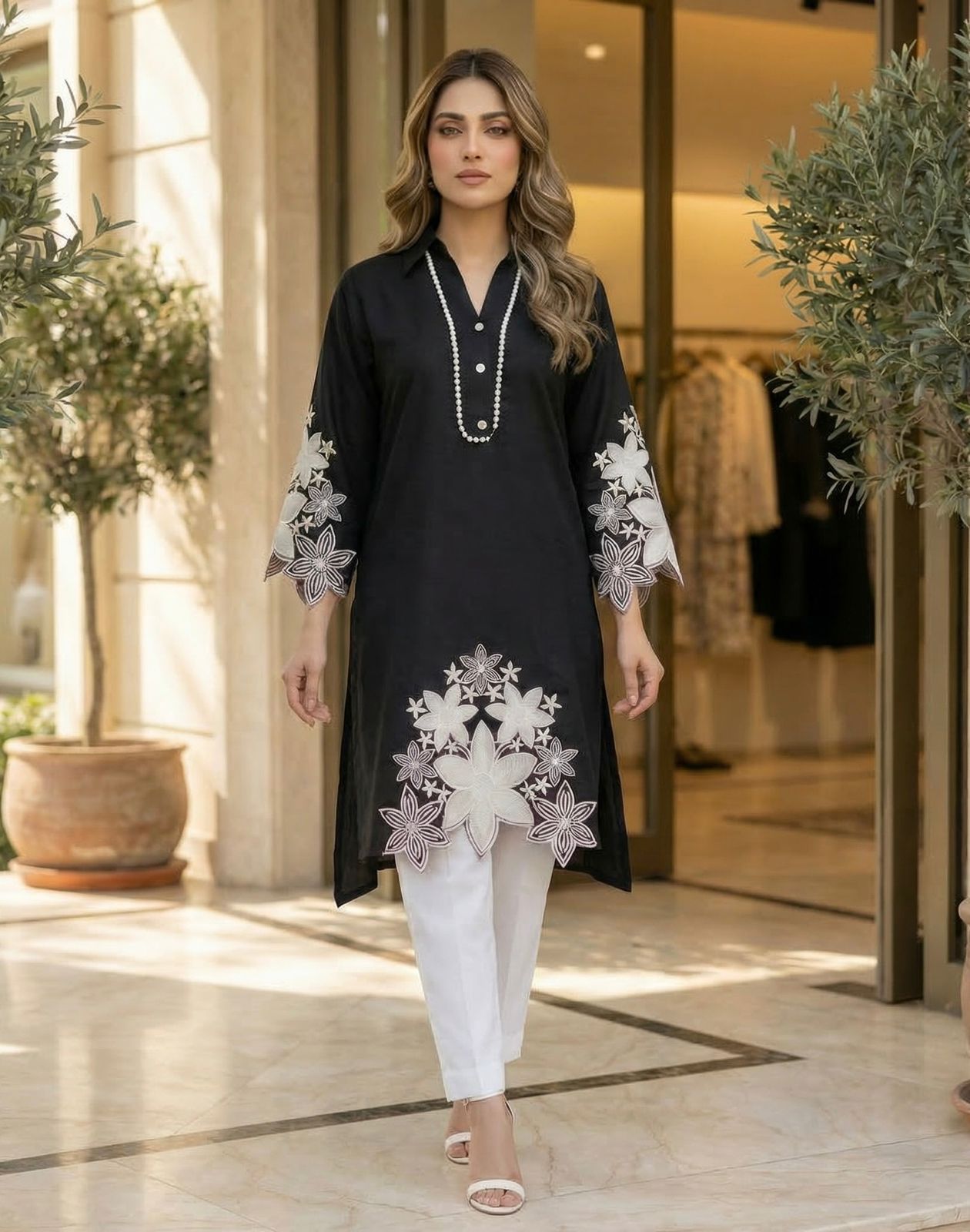 Black Rayon A-line Kurti with embroidery and matching rayon pants set