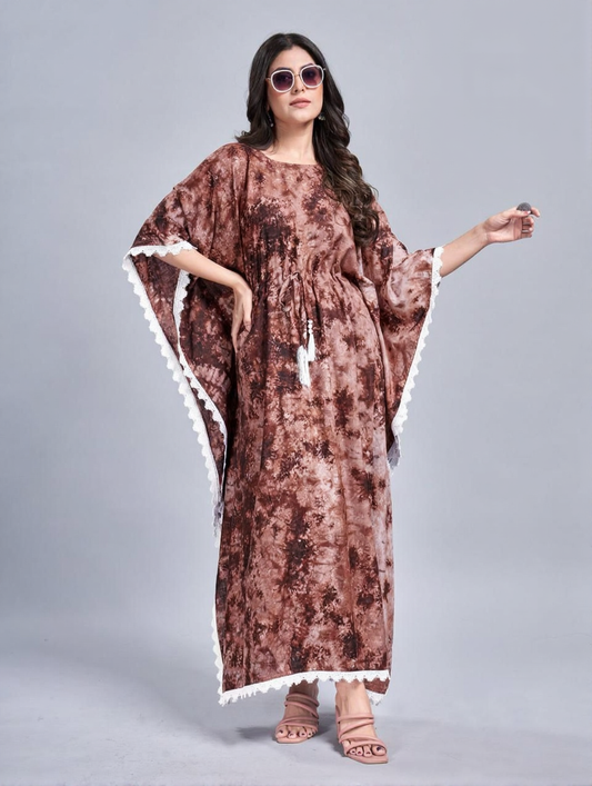 Women Brown Casual Wear Printed Kaftan Dress
