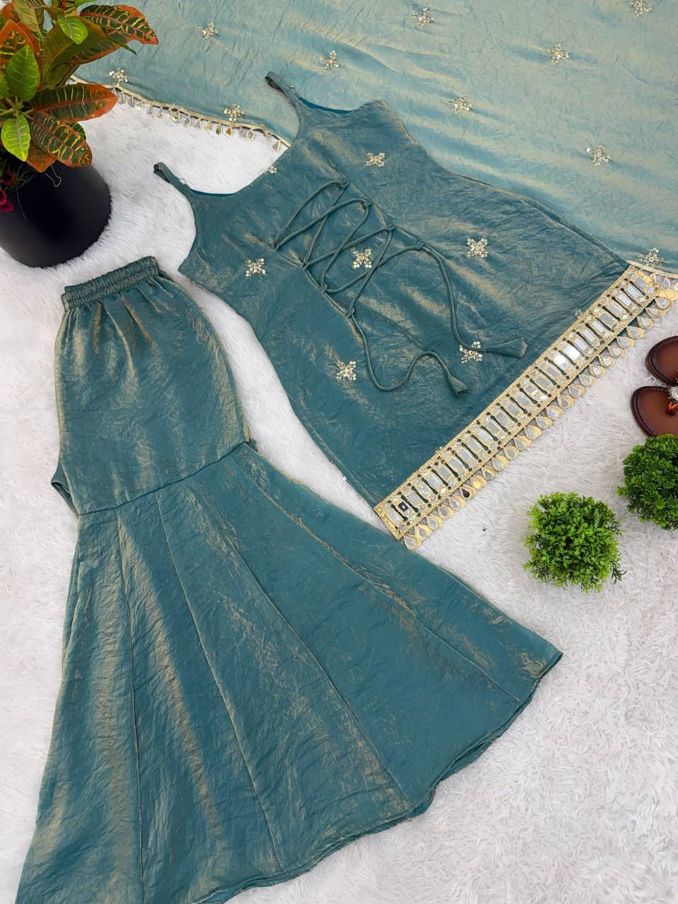 Sea Green Fandy Silk Real Mirror & Sequence Embroidered Sharara Palazzo Suit Set