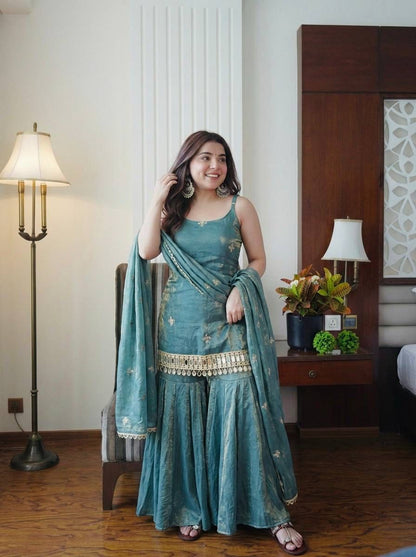 Sea Green Fandy Silk Real Mirror & Sequence Embroidered Sharara Palazzo Suit Set