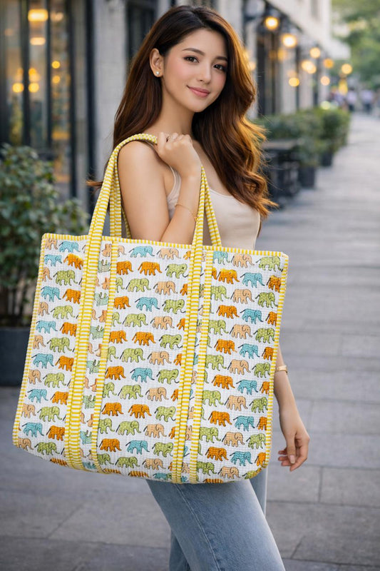 Yellow Elephant Print Tote Bag
