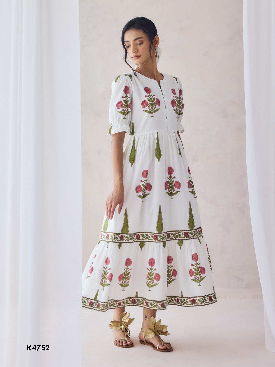 Floral print white cotton long dress with embroidery work