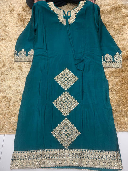 Teal Semi Chinon Silk Fullstich Suit Set