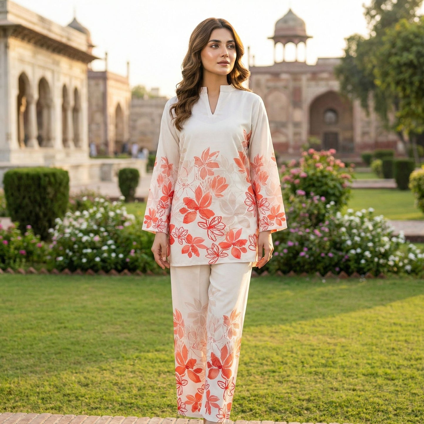 White Linen Cotton Ornage Floral Print