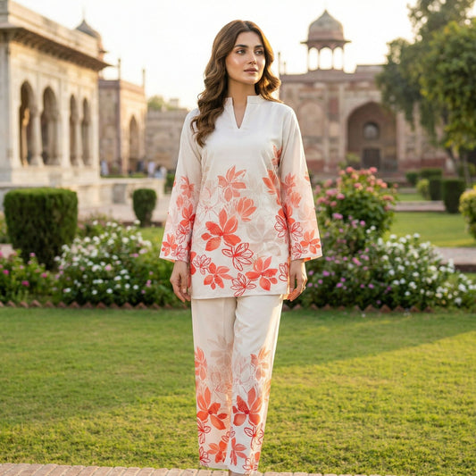 White Linen Cotton Ornage Floral Print