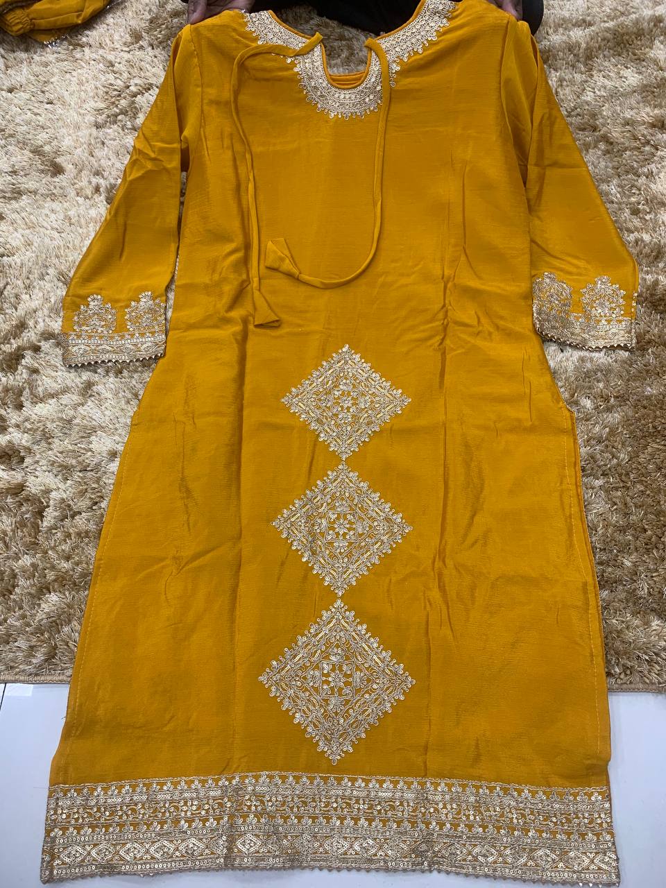 Designer Gulkayra Mustard Yellow Multi Sequence Jari Work Readymade Suit Set
