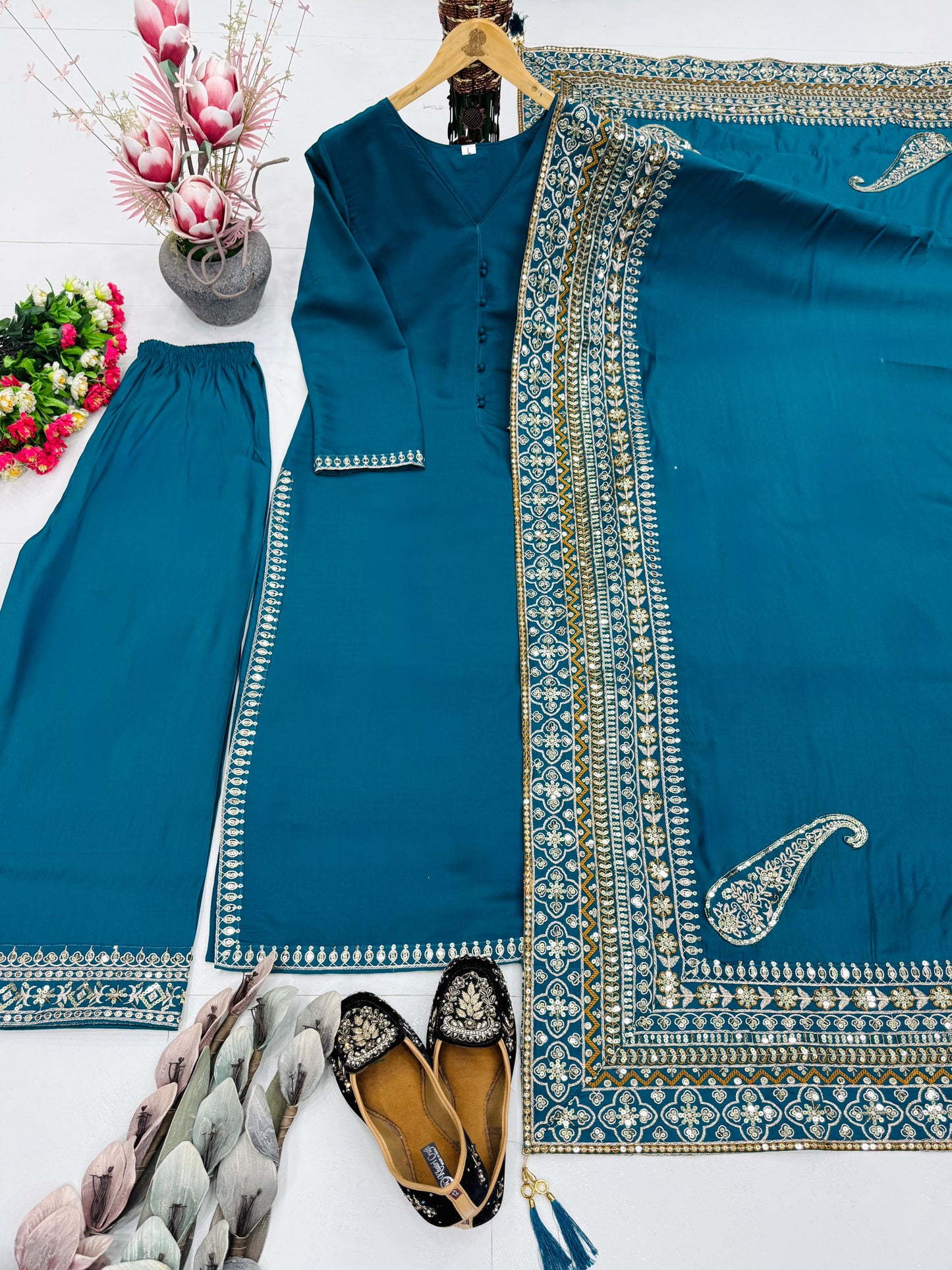 Heavy Roman Silk suit set with embroidered sequences and fancy latkan dupatta