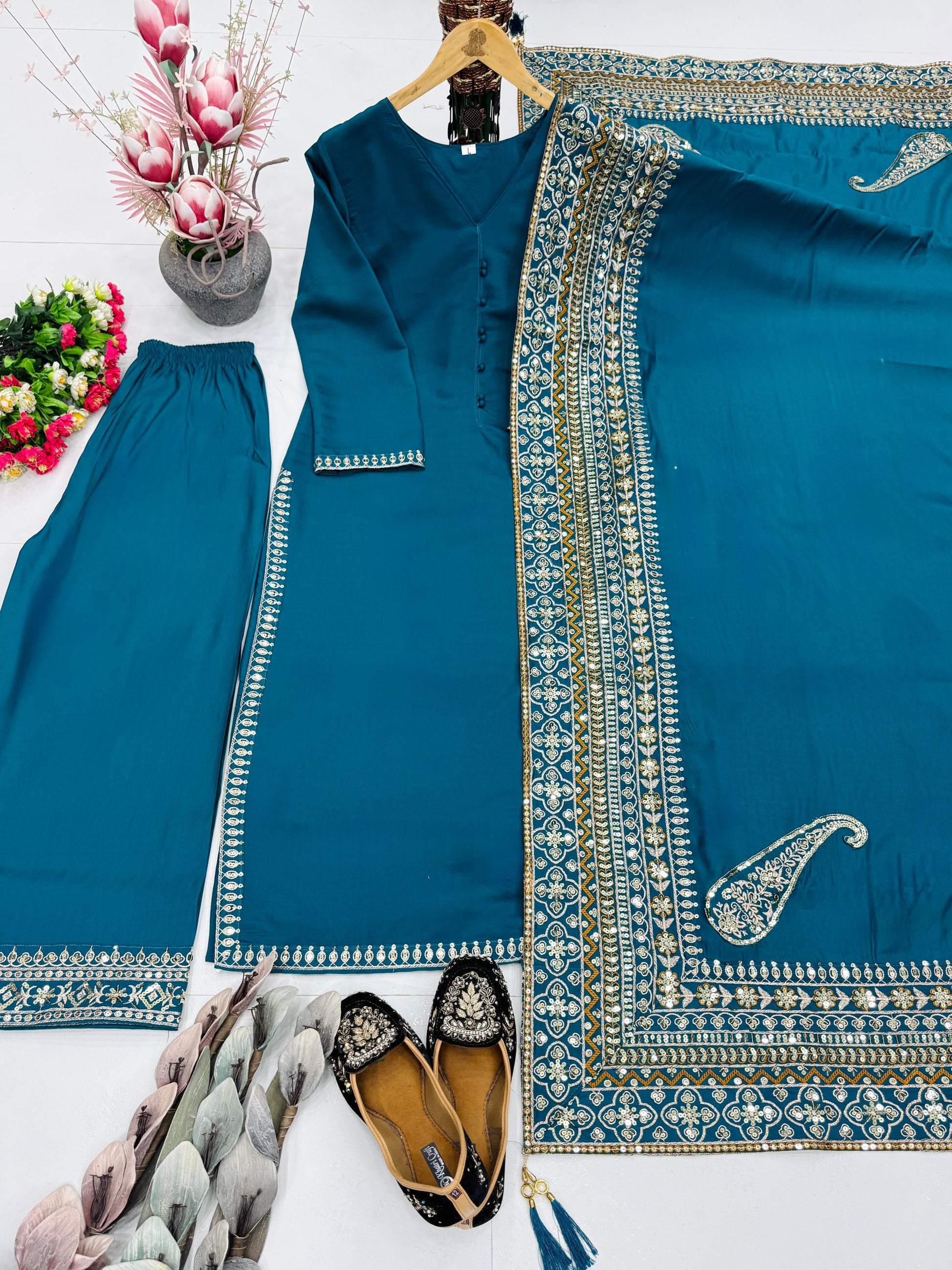 Heavy Roman Silk suit set with embroidered sequences and fancy latkan dupatta