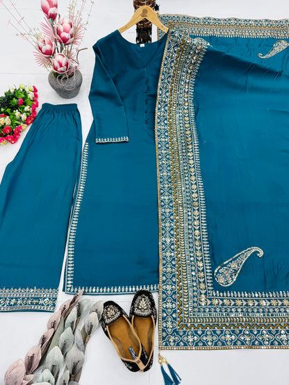 Heavy Roman Silk suit set with embroidered sequences and fancy latkan dupatta