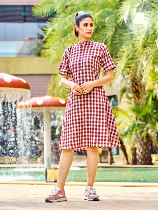 Red Checkered Cotton One-piece Dress For Women