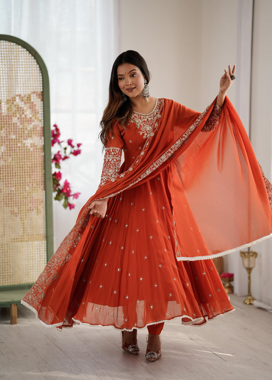 Orange Fully Stitched Anarkali Gown