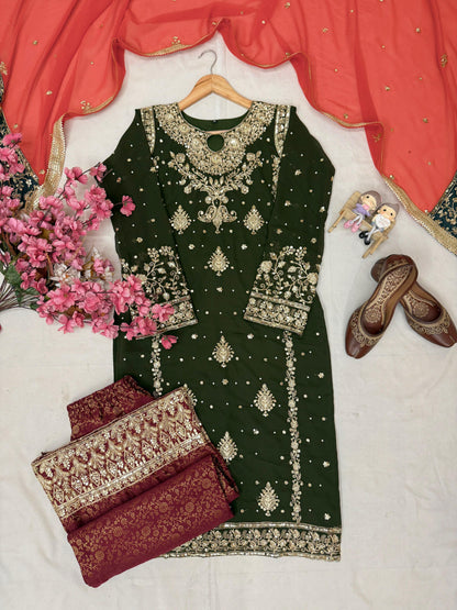 Olive Green Georgette Fully Stitched Suit Set