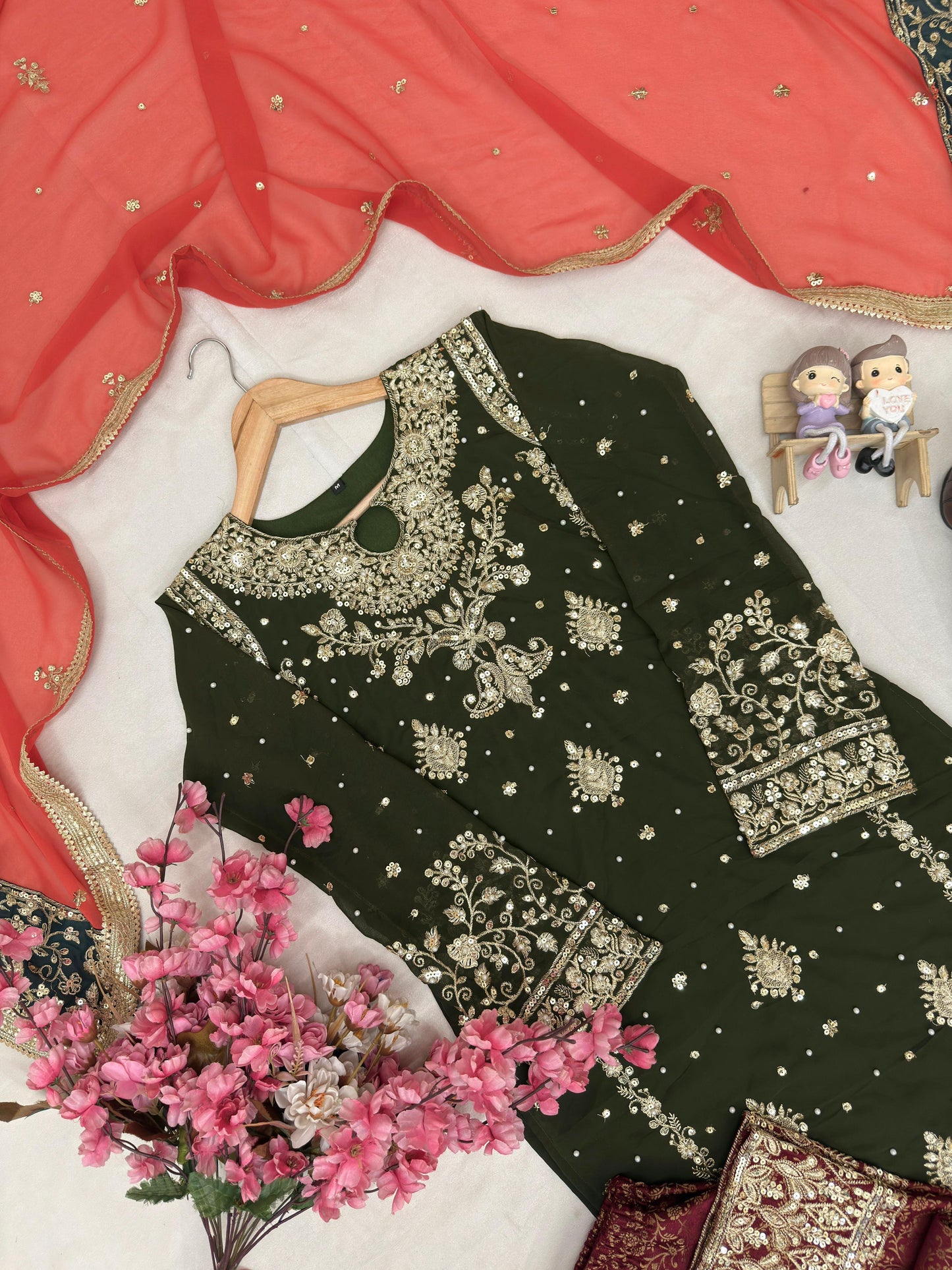 Olive Green Georgette Fully Stitched Suit Set