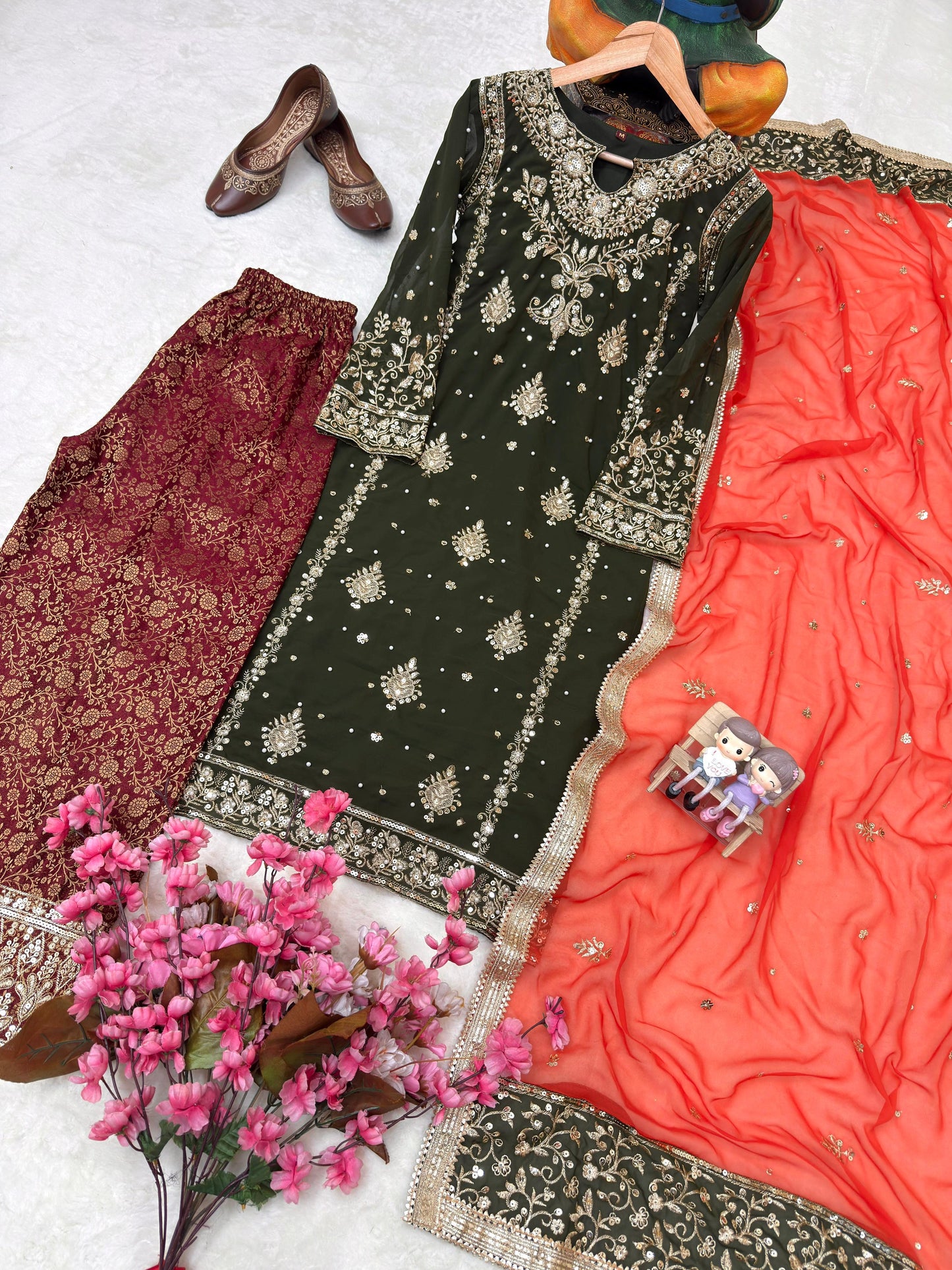 Olive Green Georgette Fully Stitched Suit Set