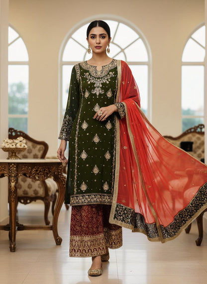 Olive Green Georgette Fully Stitched Suit Set