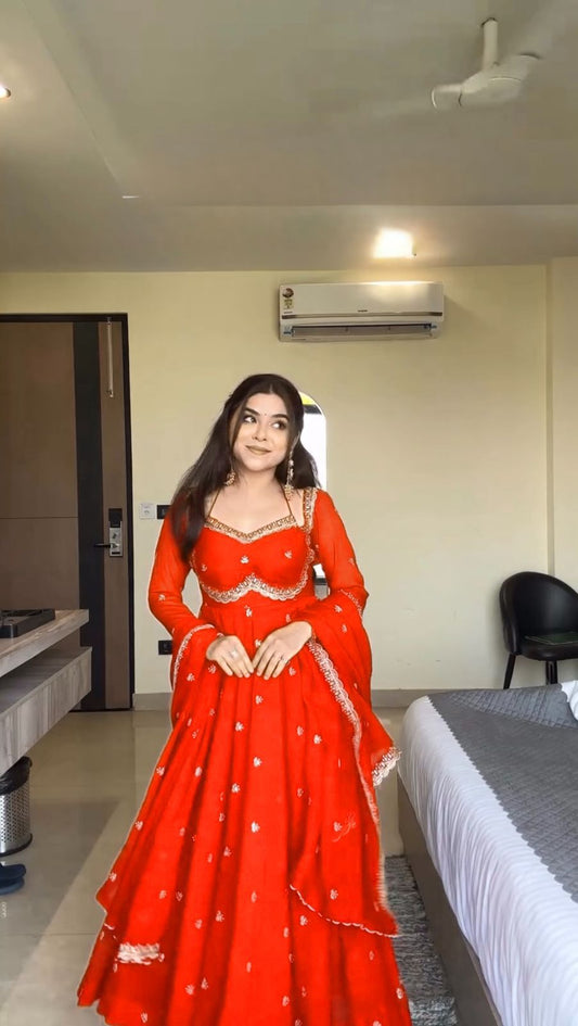 Orange Embroidery Wrok Gown