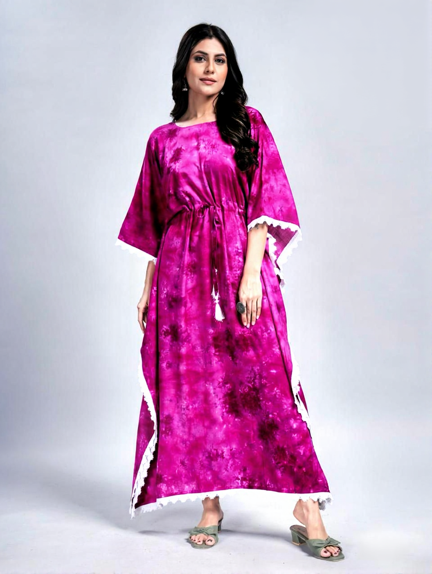 Rani Pink Designer Kaftan Dress With Lace Border