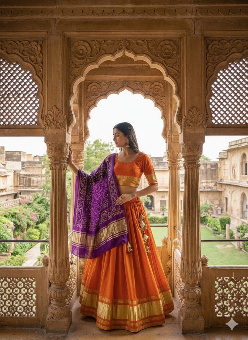 Navratri Special Orange Lehenga With Purple Dupatta