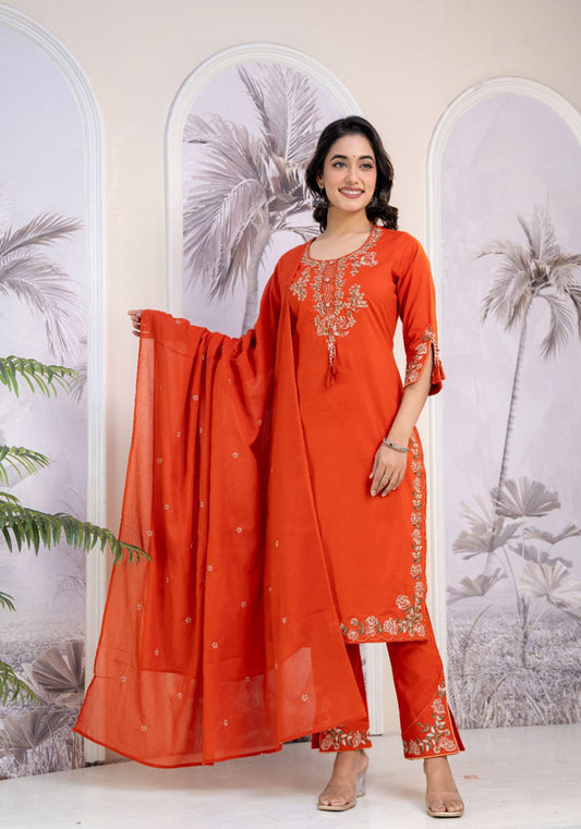Orange Cotton Kurti Set With Embroidery Work