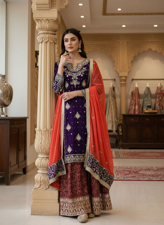 Eid Special Wine Embroidery Work Suit Set