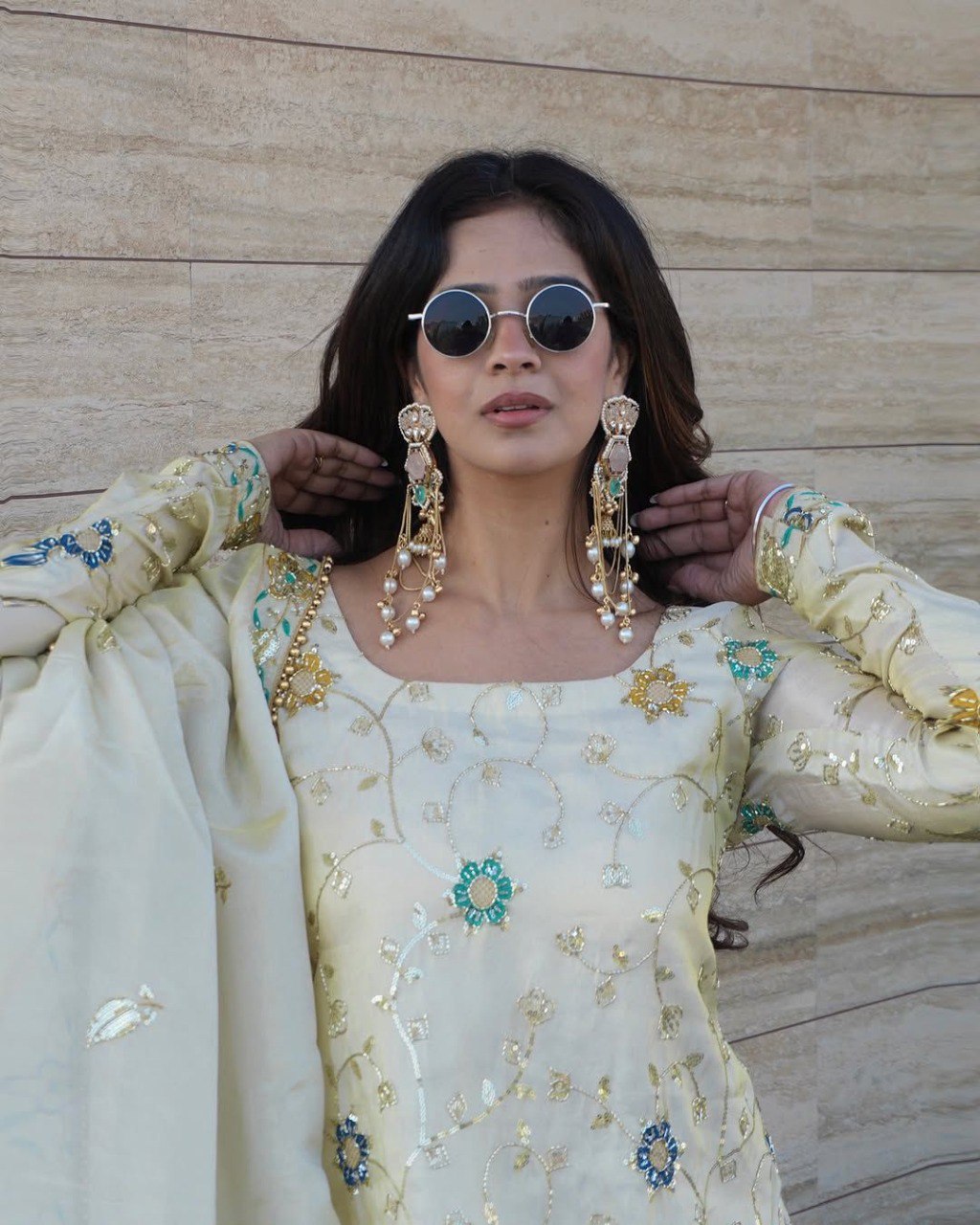 White Soft Chinon  Embroidery Beads Work Sharara Suit