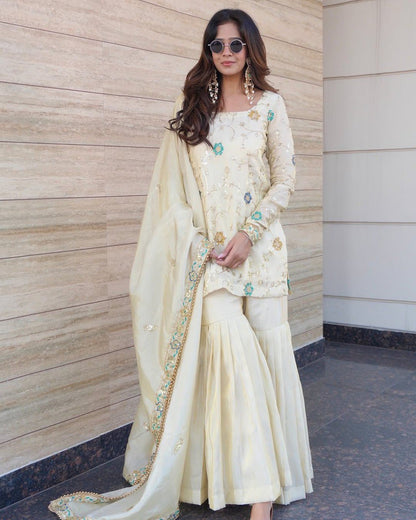 White Soft Chinon  Embroidery Beads Work Sharara Suit