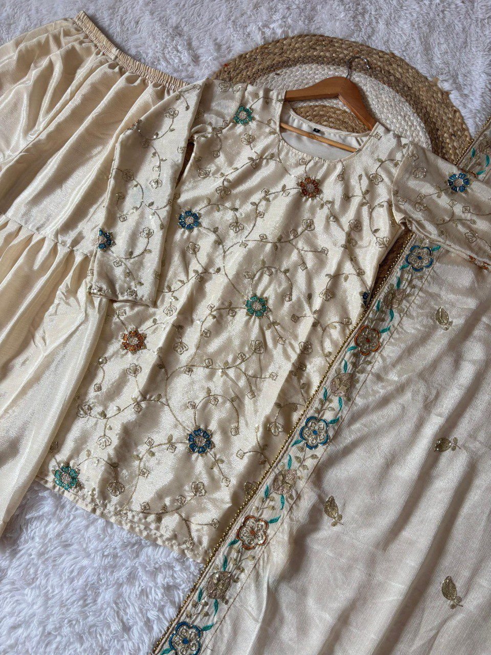 White Soft Chinon  Embroidery Beads Work Sharara Suit