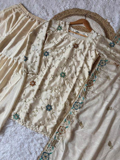 White Soft Chinon  Embroidery Beads Work Sharara Suit
