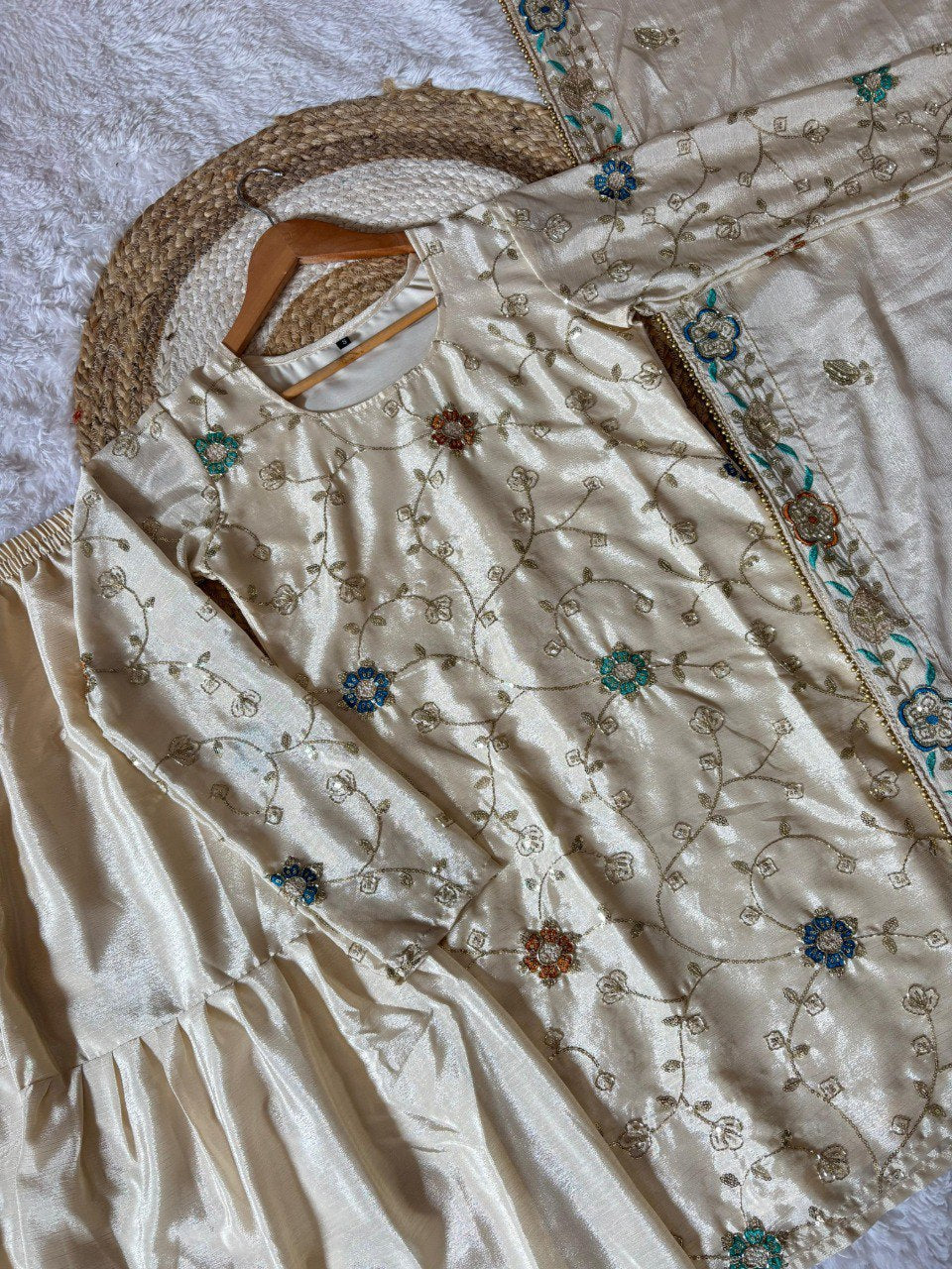 White Soft Chinon  Embroidery Beads Work Sharara Suit