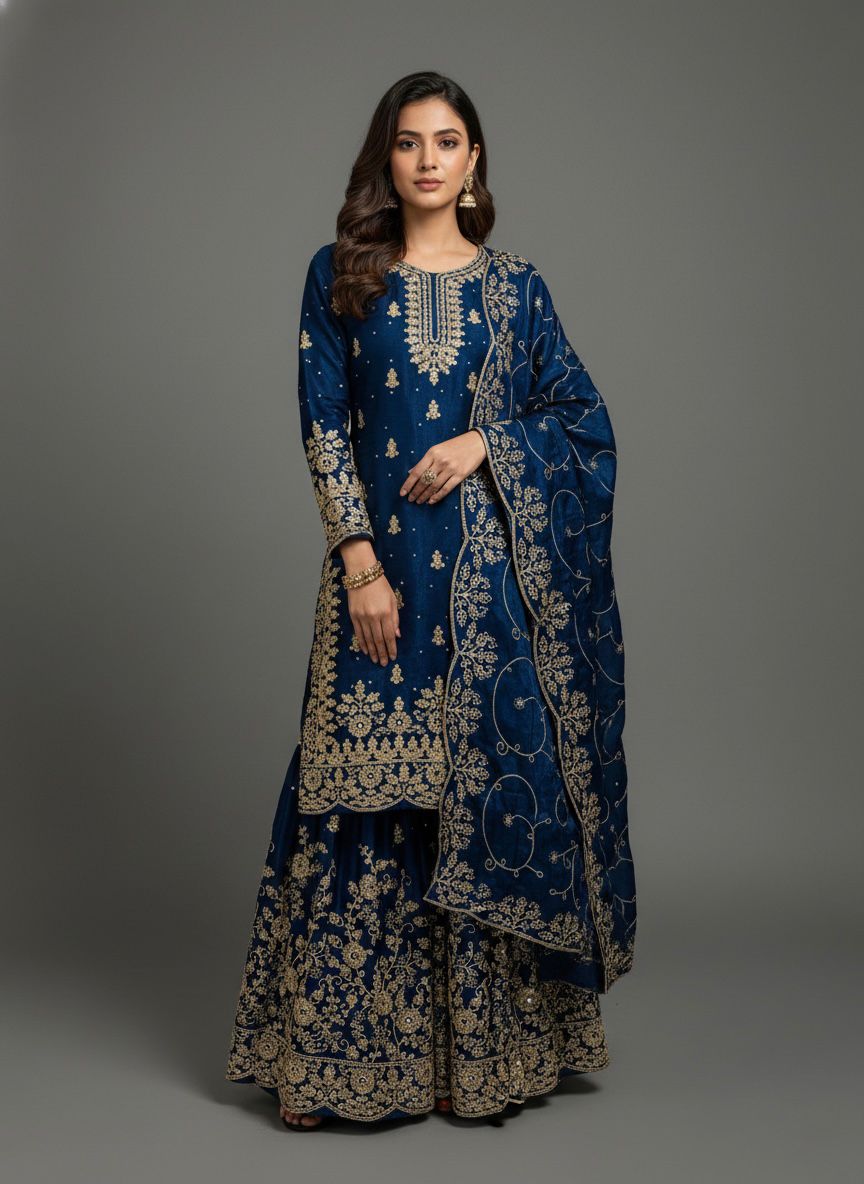 Premium Teal Blue Embroidered Kurti Sharara Set With Designer Dupatta