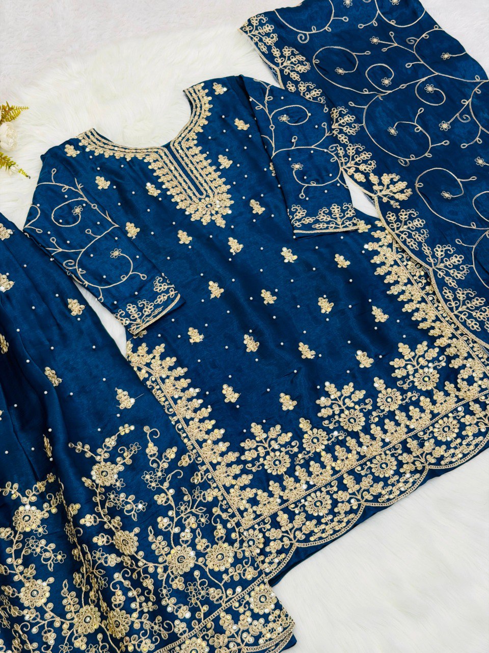 Premium Teal Blue Embroidered Kurti Sharara Set With Designer Dupatta