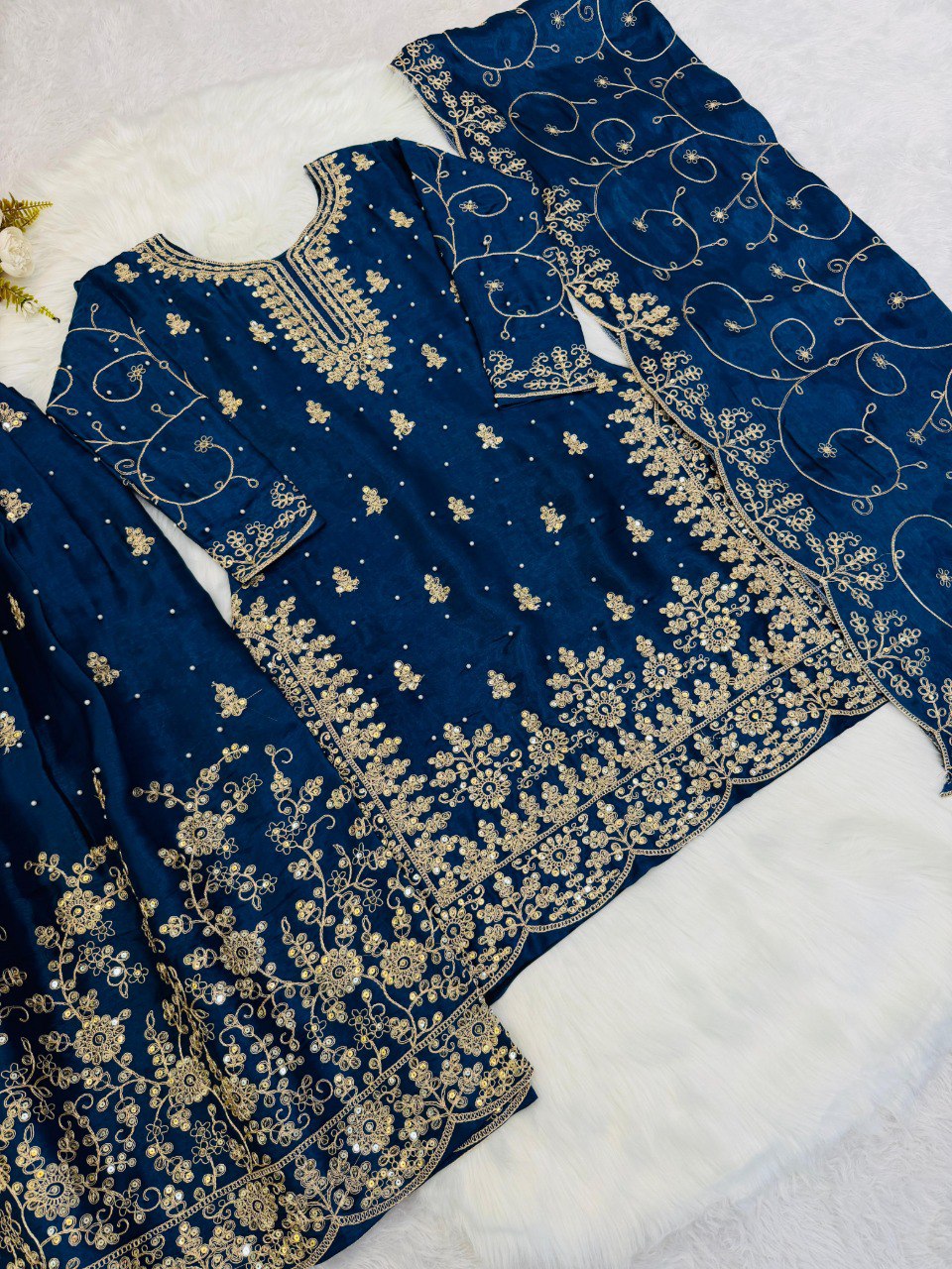 Premium Teal Blue Embroidered Kurti Sharara Set With Designer Dupatta