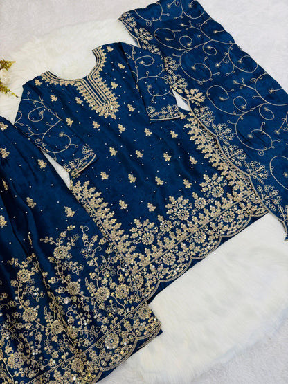Premium Teal Blue Embroidered Kurti Sharara Set With Designer Dupatta