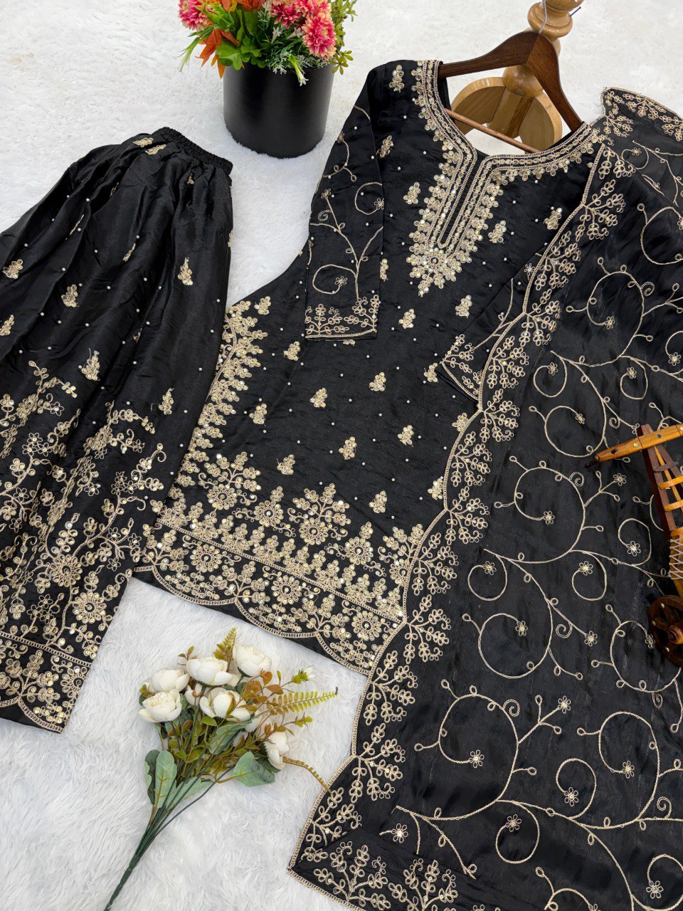 Black Heavy  Embroidery Work Suit Set With Dupatta