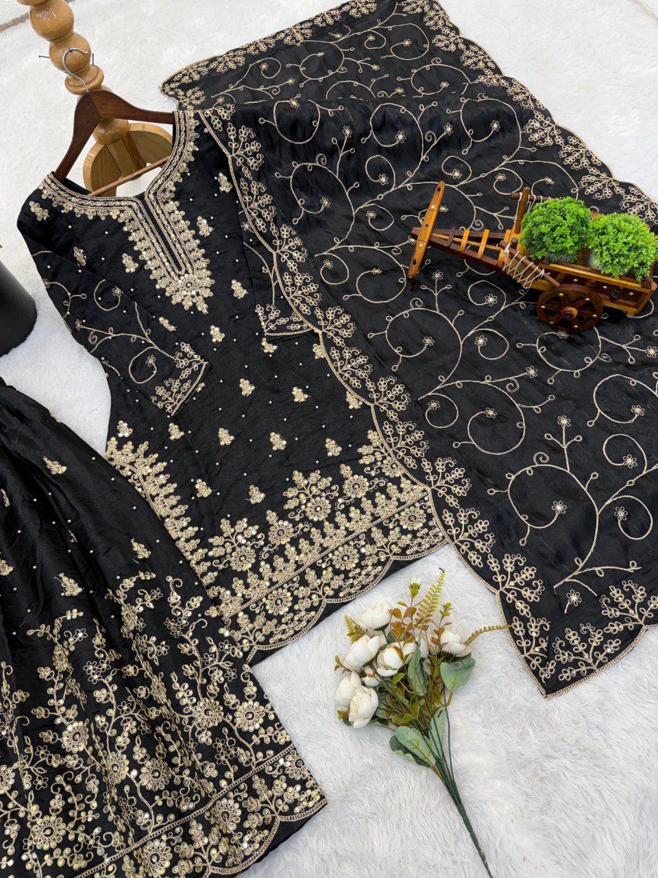Black Heavy  Embroidery Work Suit Set With Dupatta