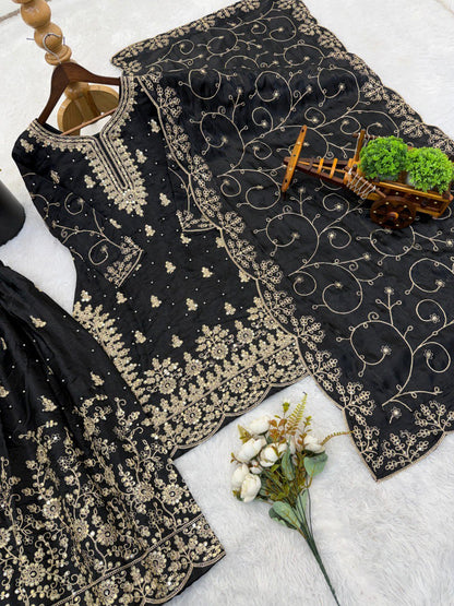 Black Heavy  Embroidery Work Suit Set With Dupatta