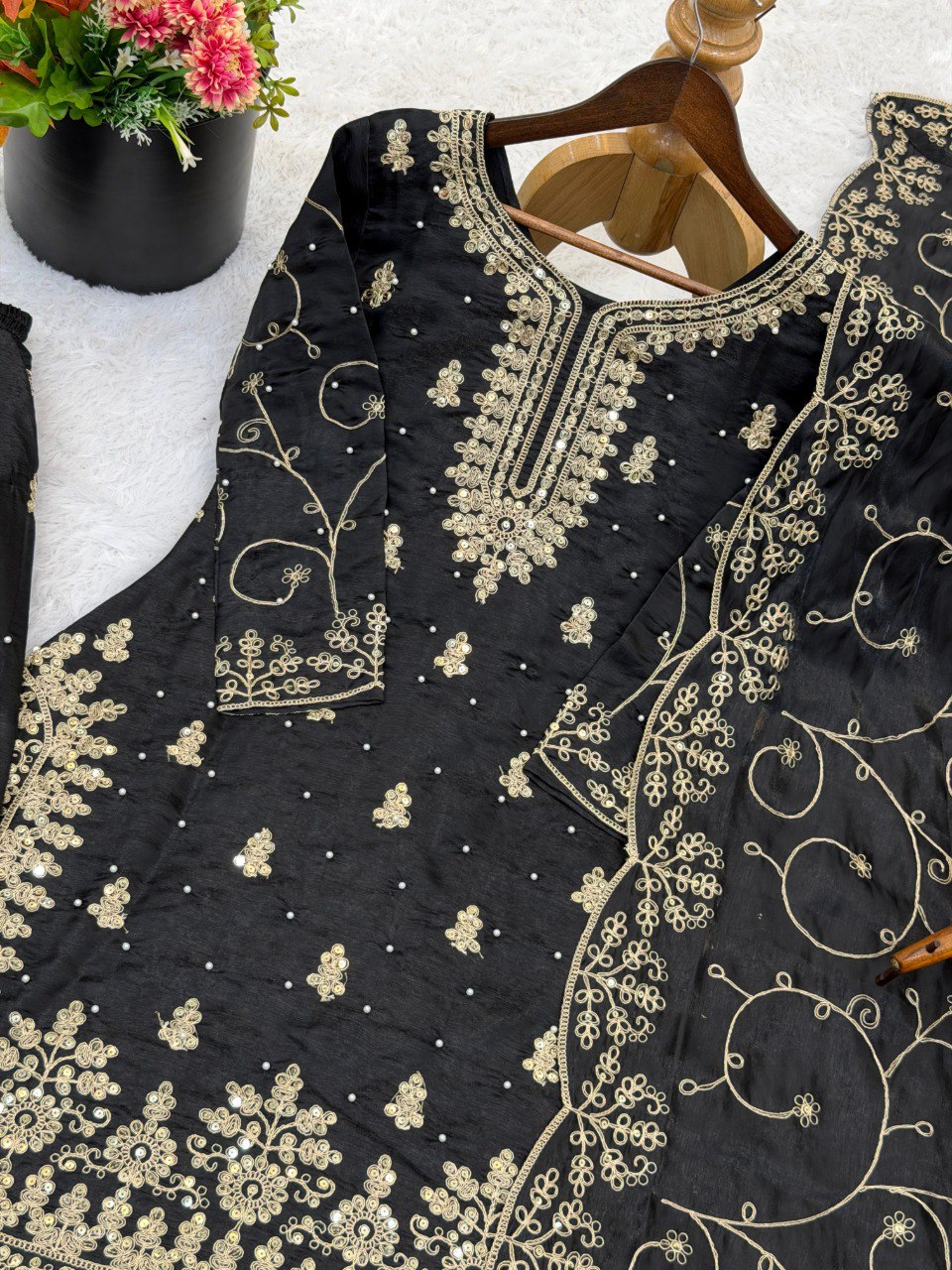 Black Heavy  Embroidery Work Suit Set With Dupatta