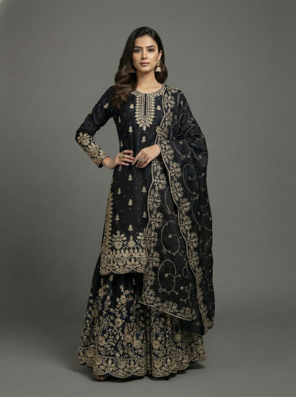 Black Heavy  Embroidery Work Suit Set With Dupatta