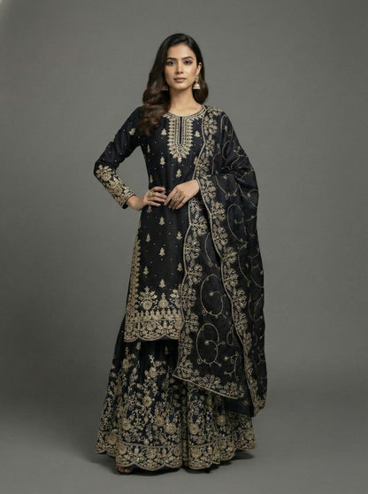 Black Heavy  Embroidery Work Suit Set With Dupatta