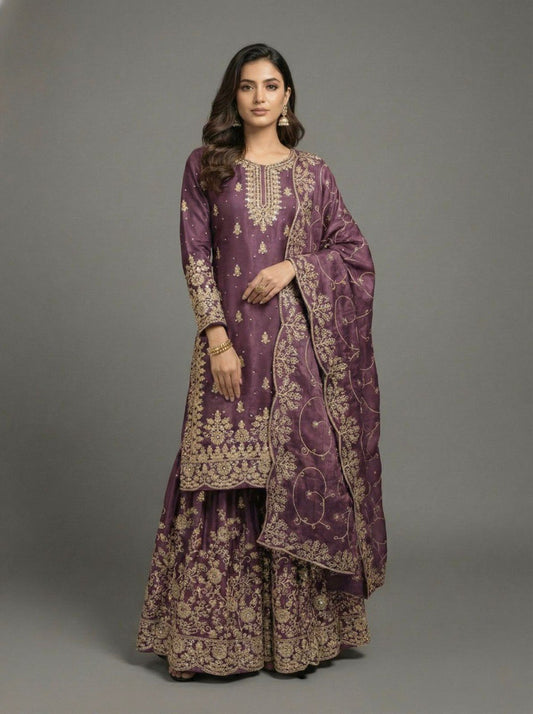 Designer Party Wear Silk Sharara Set With Embroidery Sequence Work