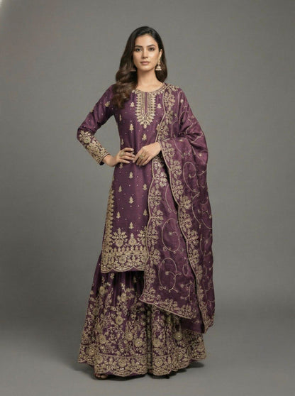 Designer Party Wear Silk Sharara Set With Embroidery Sequence Work