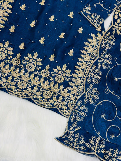 Premium Teal Blue Embroidered Kurti Sharara Set With Designer Dupatta