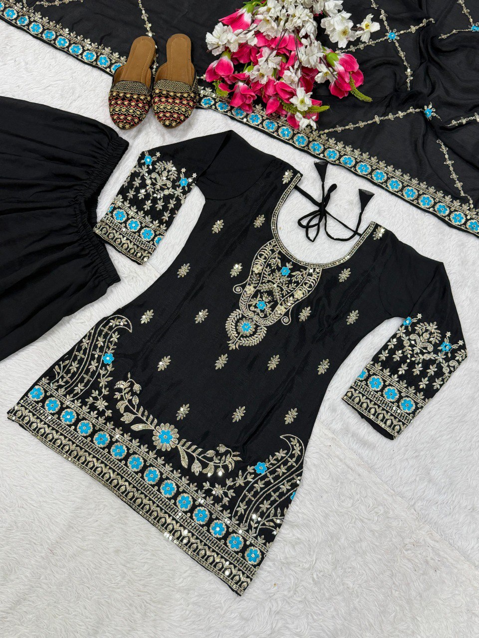Designer Black Embroidered Kurti Sharara with Dupatta