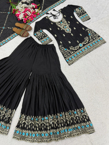 Designer Black Embroidered Kurti Sharara with Dupatta