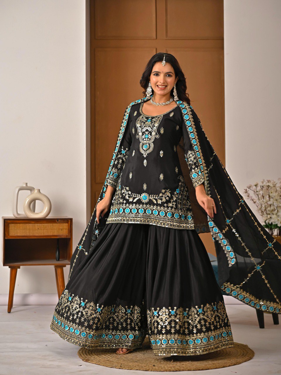 Designer Black Embroidered Kurti Sharara with Dupatta