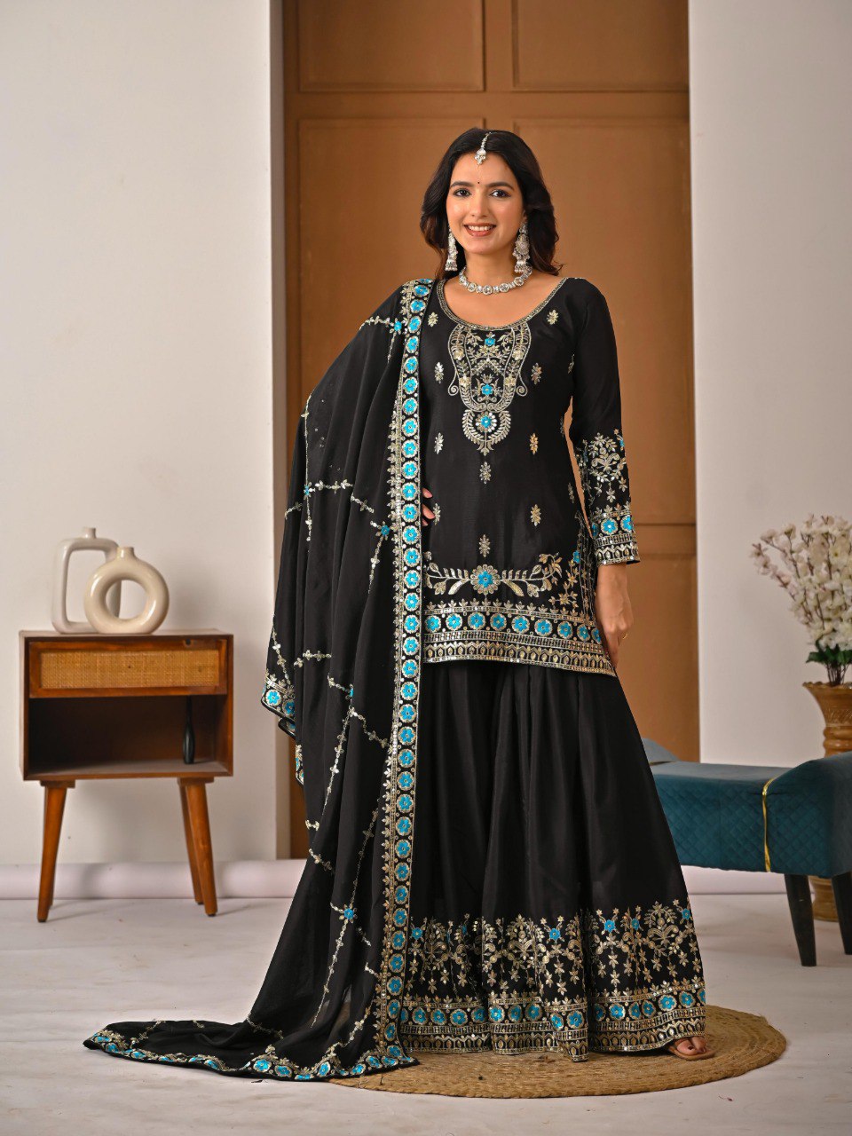 Designer Black Embroidered Kurti Sharara with Dupatta