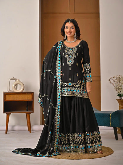 Designer Black Embroidered Kurti Sharara with Dupatta